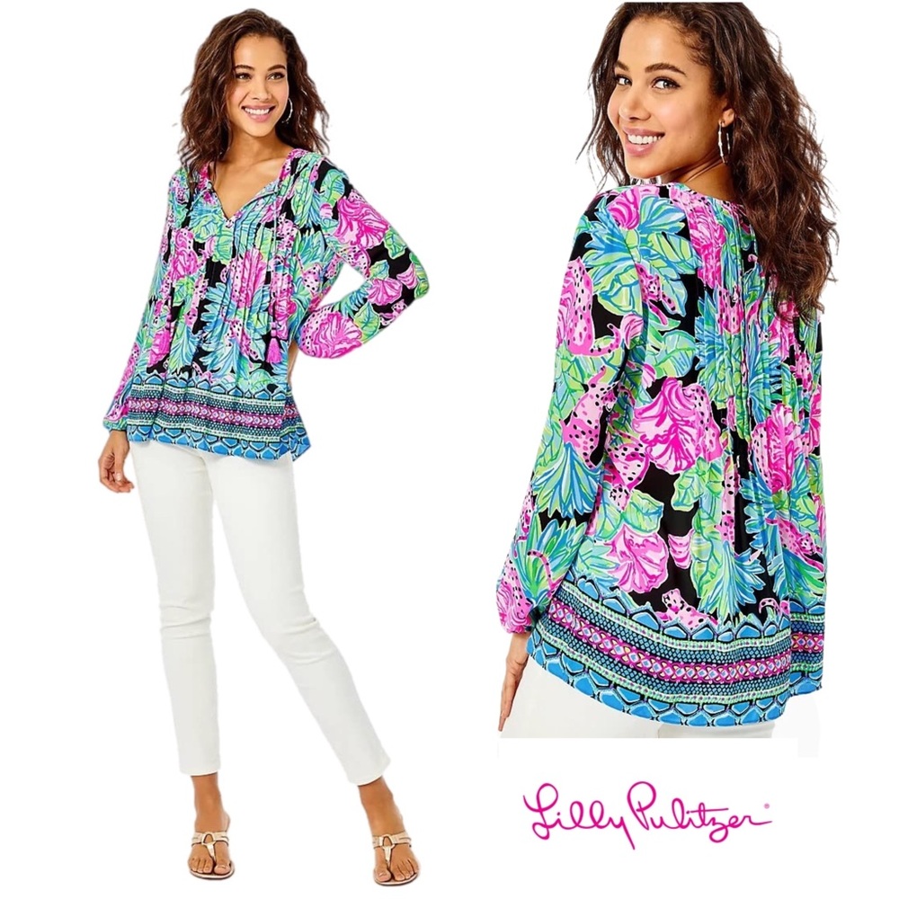 NEW Lilly Pulitzer Marilina Long Sleeve Tunic Onyx Jaguar Jungle Enginee…